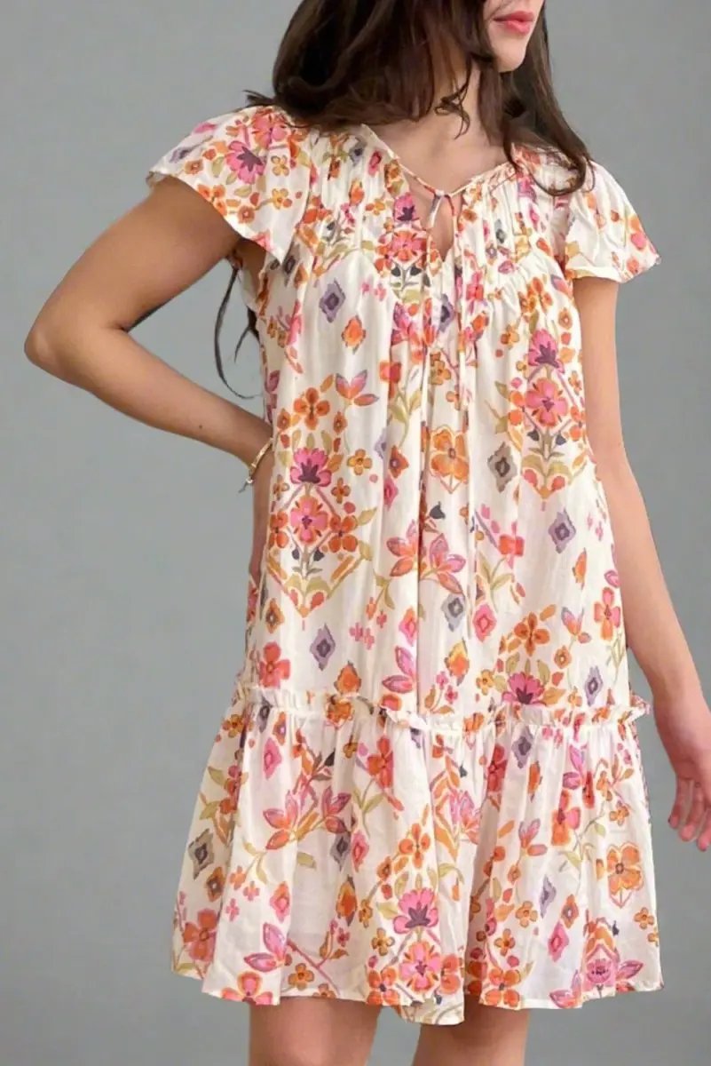 Apricot Floral Geometric Print Ruffled Trim Flutter Sleeve Dress - Love Salve